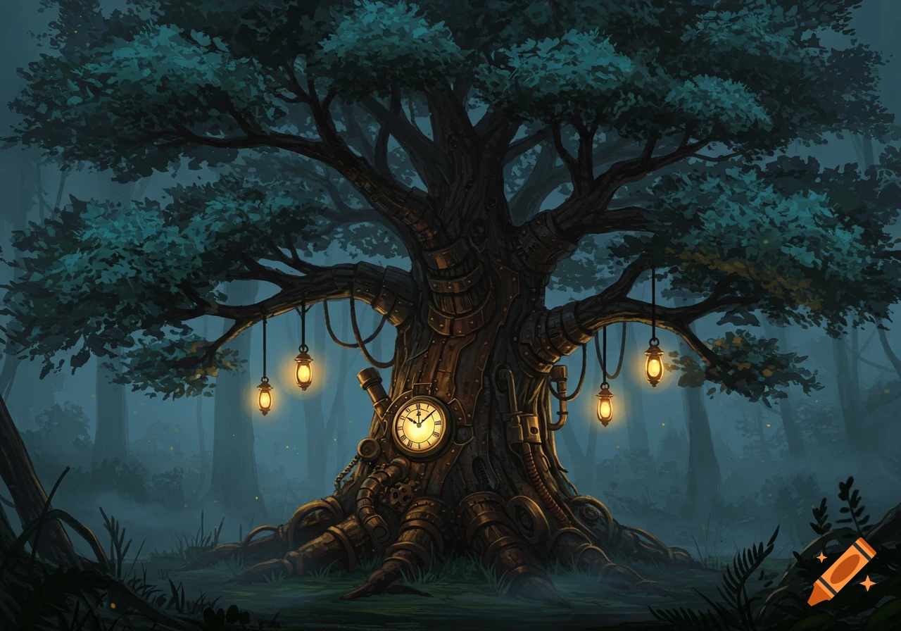 A fantastical steampunk tree with a clock face and glowing lanterns in a dark, misty forest, digital painting.