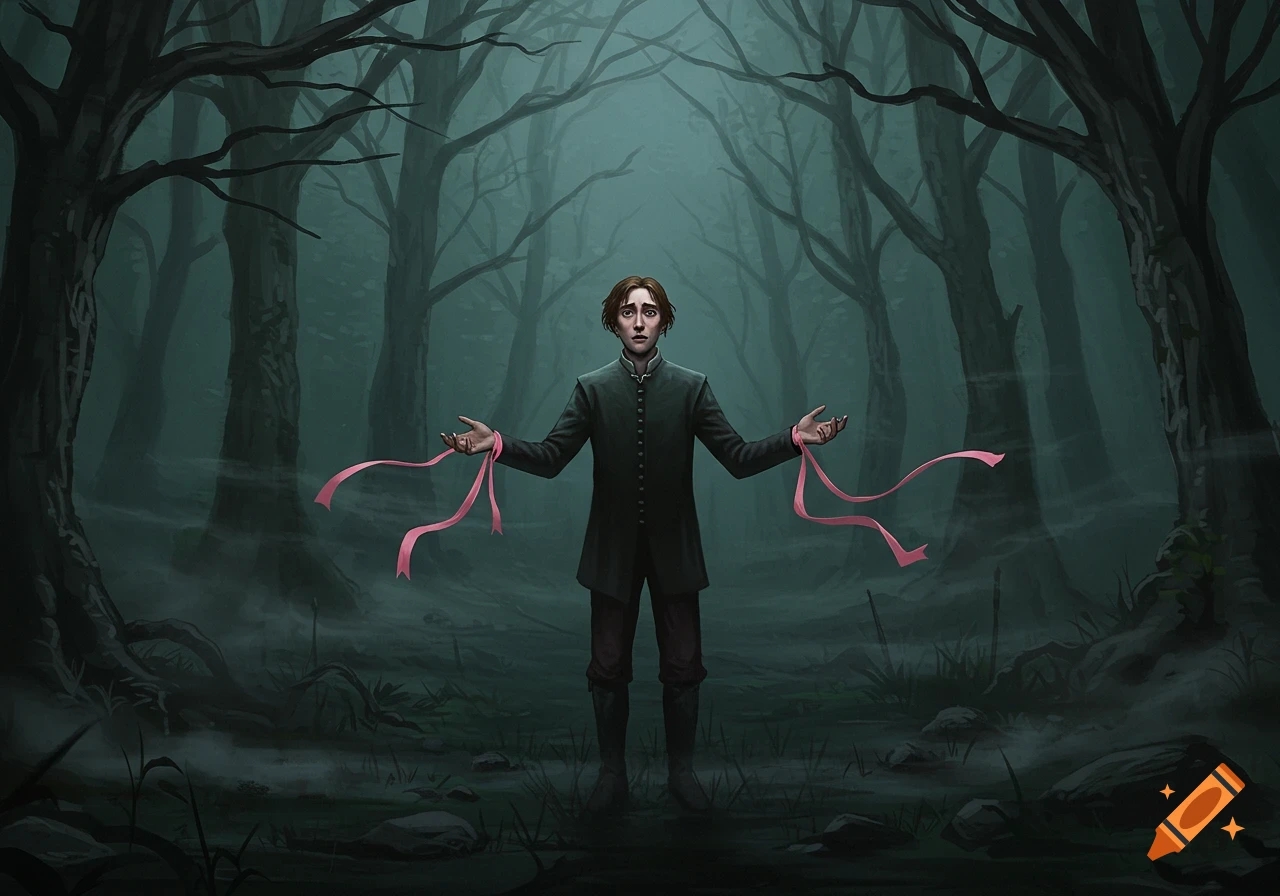 A man with a distressed expression stands in a dark, foggy forest, holding two pink ribbons flowing from his wrists, in an illustration style.