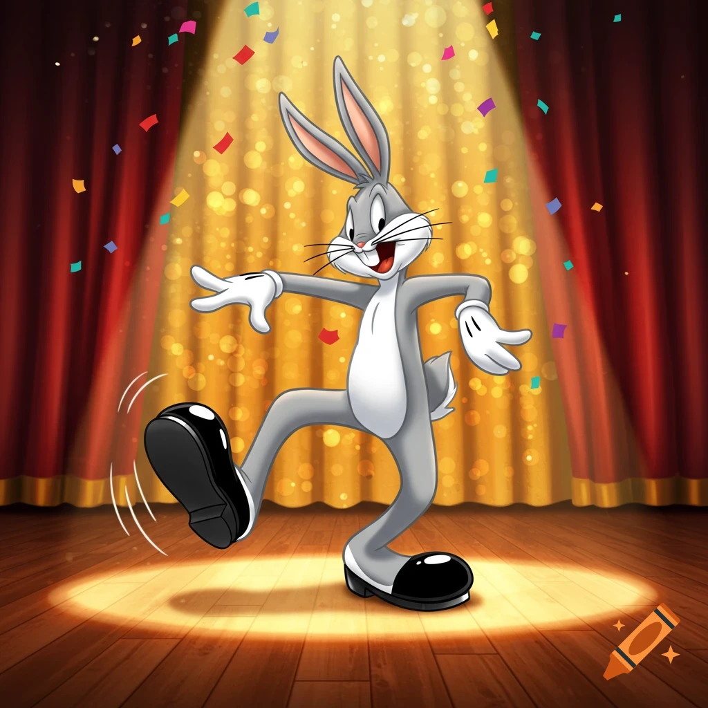 Bugs Bunny cartoon character tap dancing on a spotlighted stage with falling confetti.