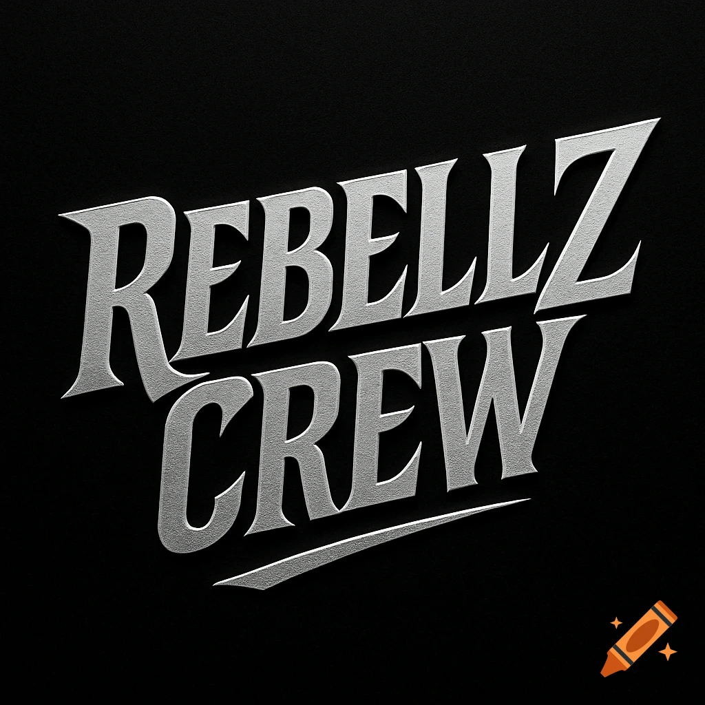 Silver embossed text 'REBELLZ CREW' on a black background.