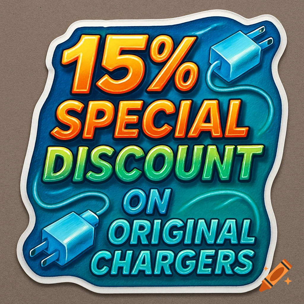 A vibrant blue sticker advertises '15% SPECIAL DISCOUNT ON ORIGINAL CHARGERS' with two blue charger plugs.