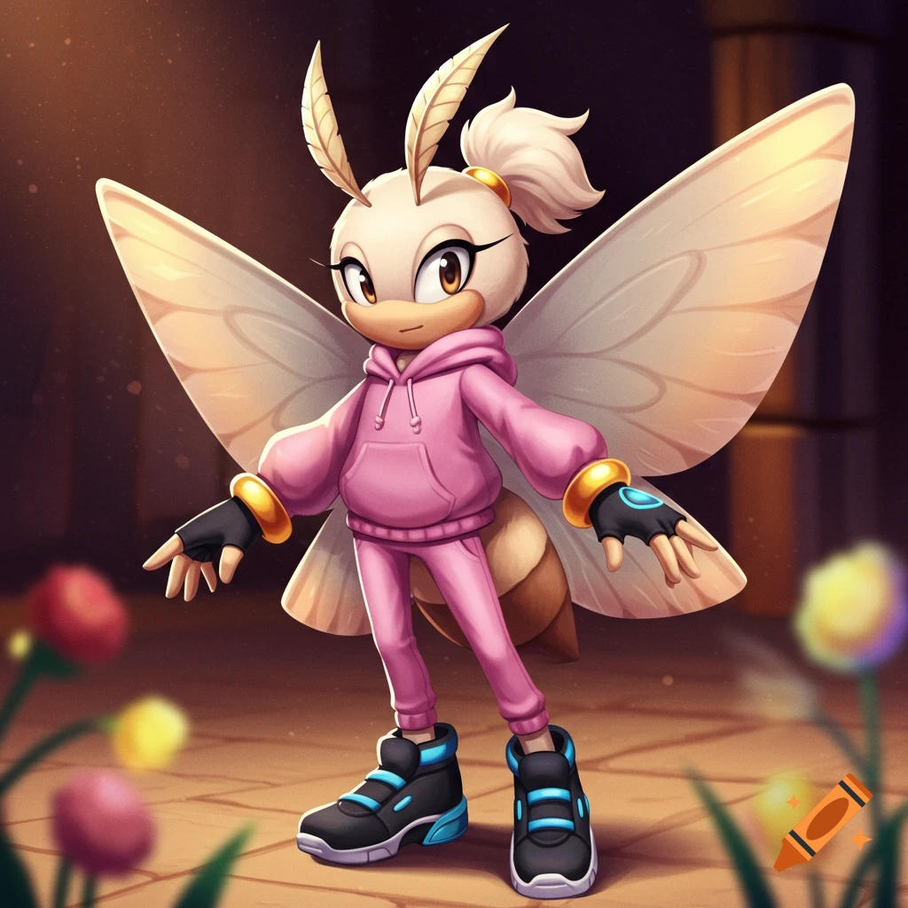 A stylized moth character wearing a pink hoodie and sweatpants, black and blue sneakers, with large wings.