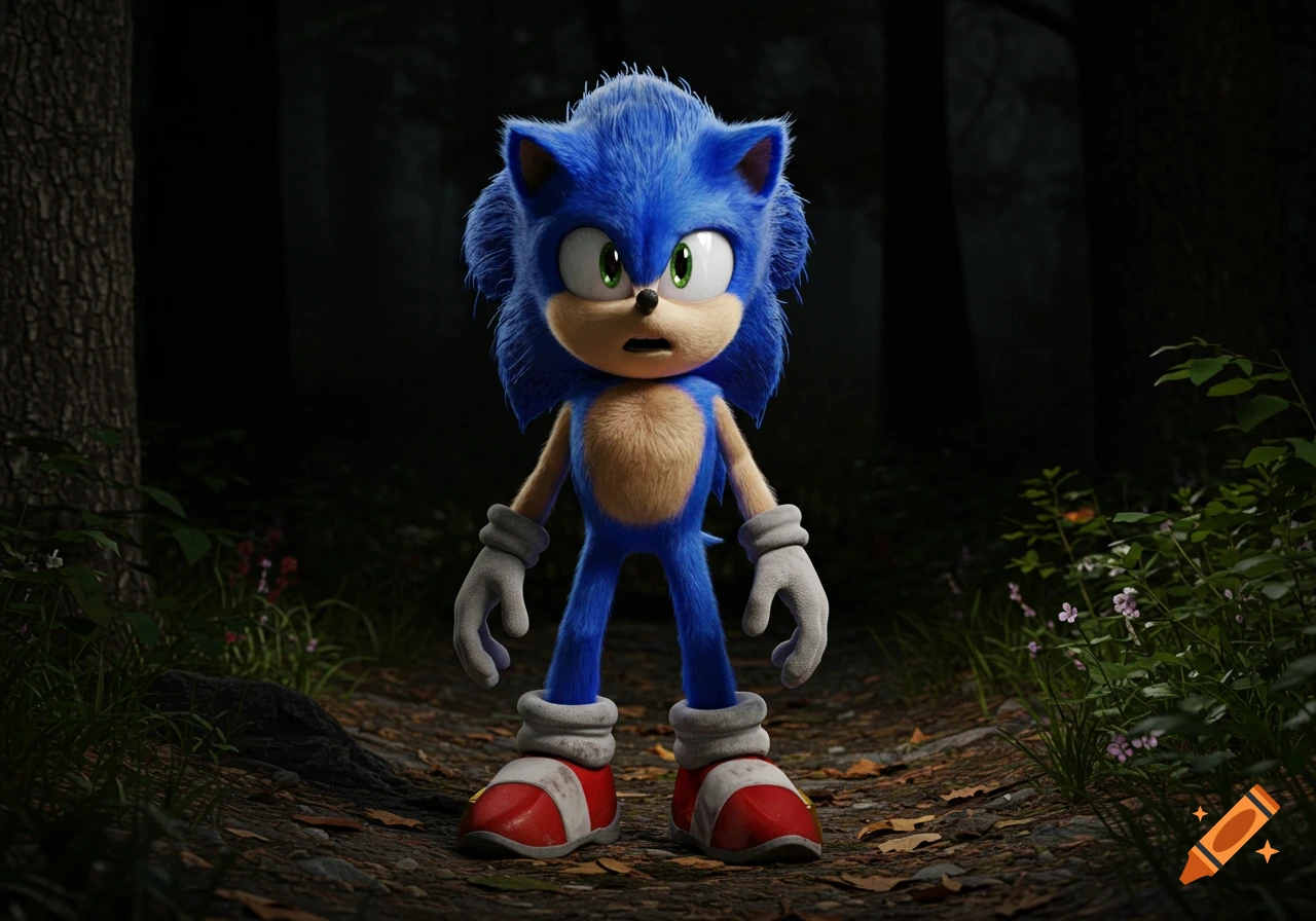 Photorealistic Sonic the Hedgehog with textured fur stands on a dirt path in a dark forest, looking slightly surprised.