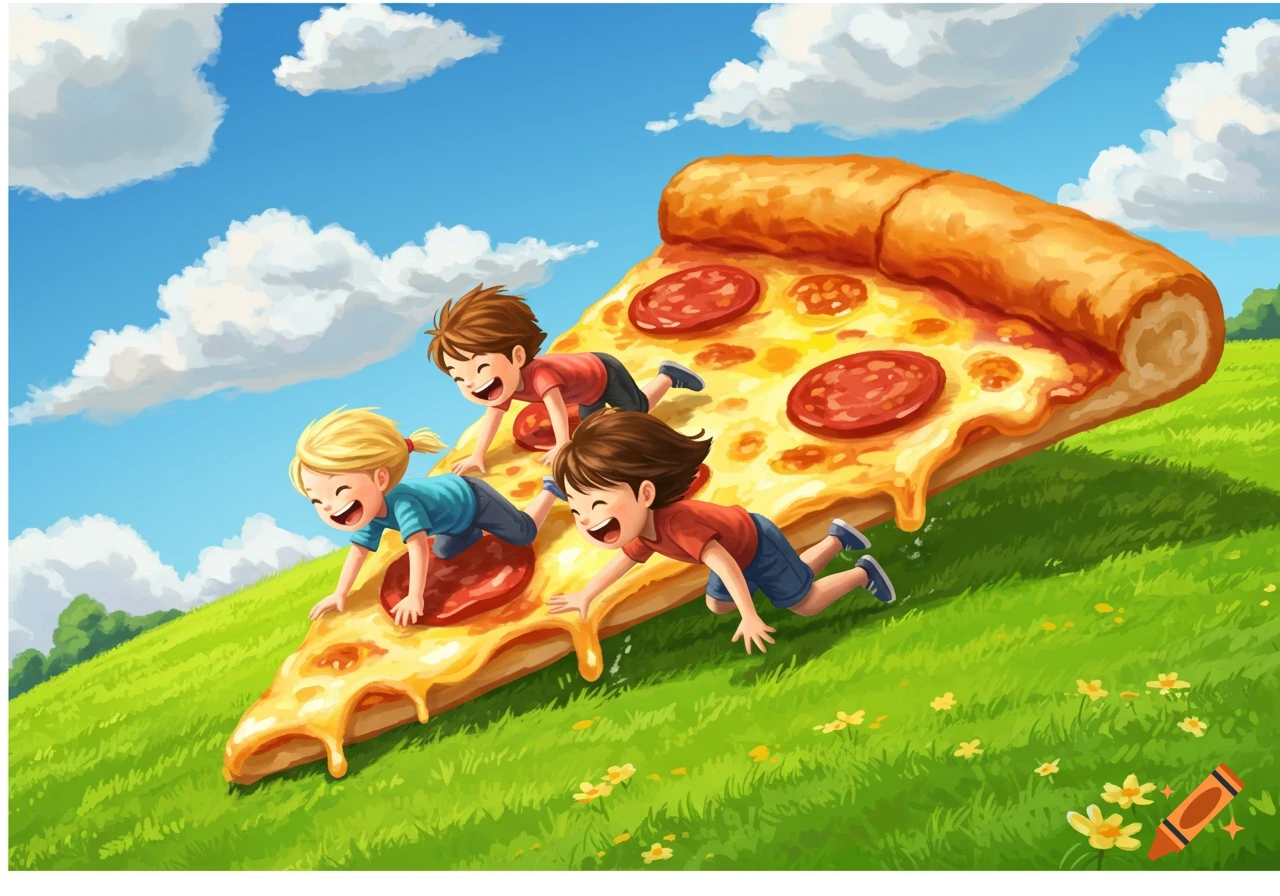 Three happy children slide down a giant pepperoni pizza on a green hill under a blue sky, in a colorful cartoon style.