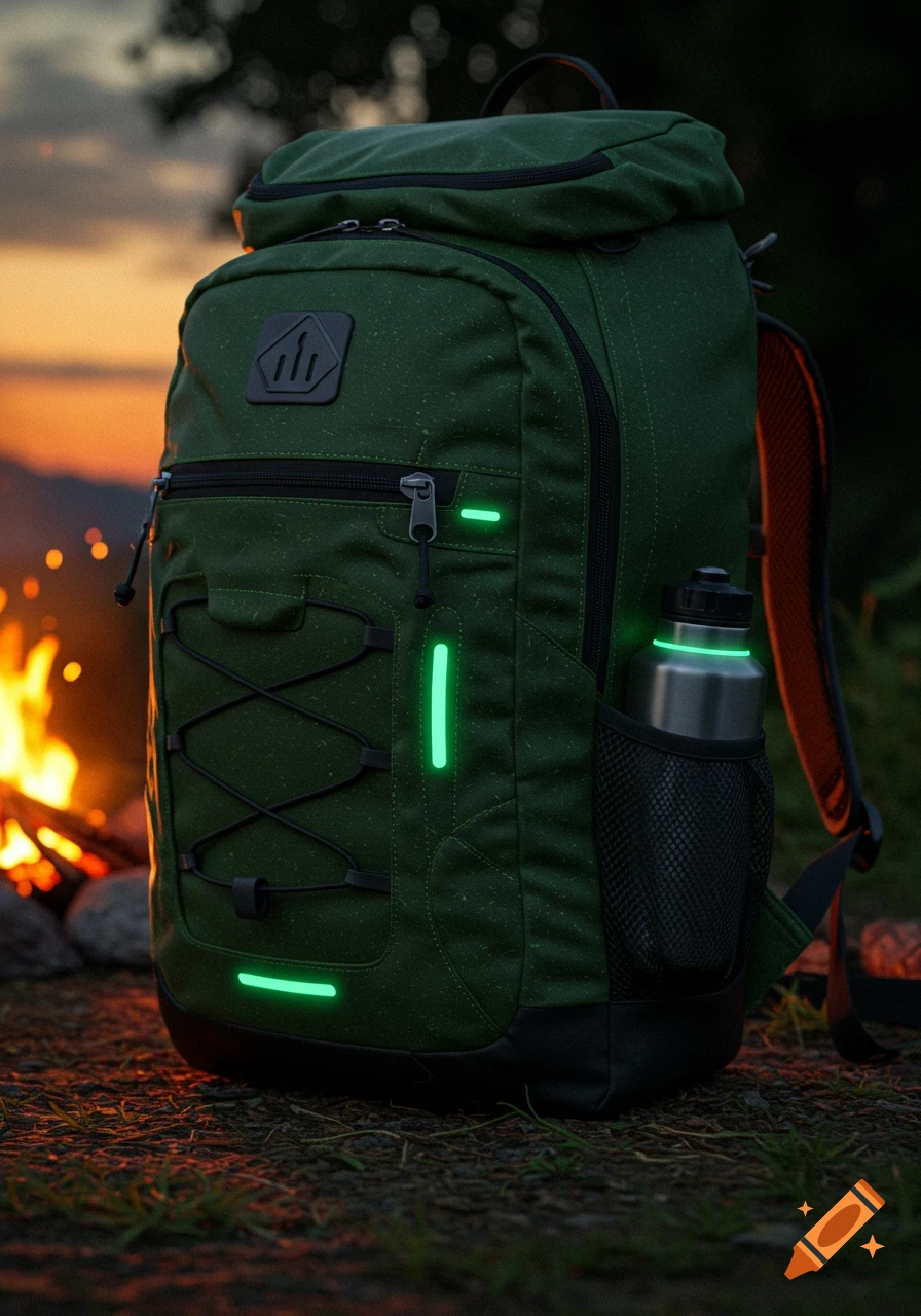 A close-up photorealistic shot of a dark green camping backpack with glowing green accents and a water bottle, set against a campfire at dusk.