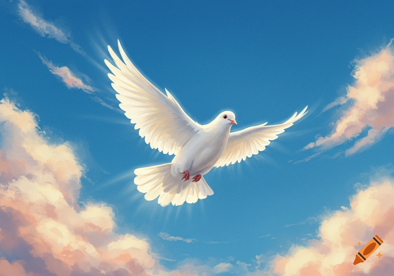 A majestic white dove with outstretched wings gracefully soars through a vibrant blue sky adorned with soft, sunlit clouds.