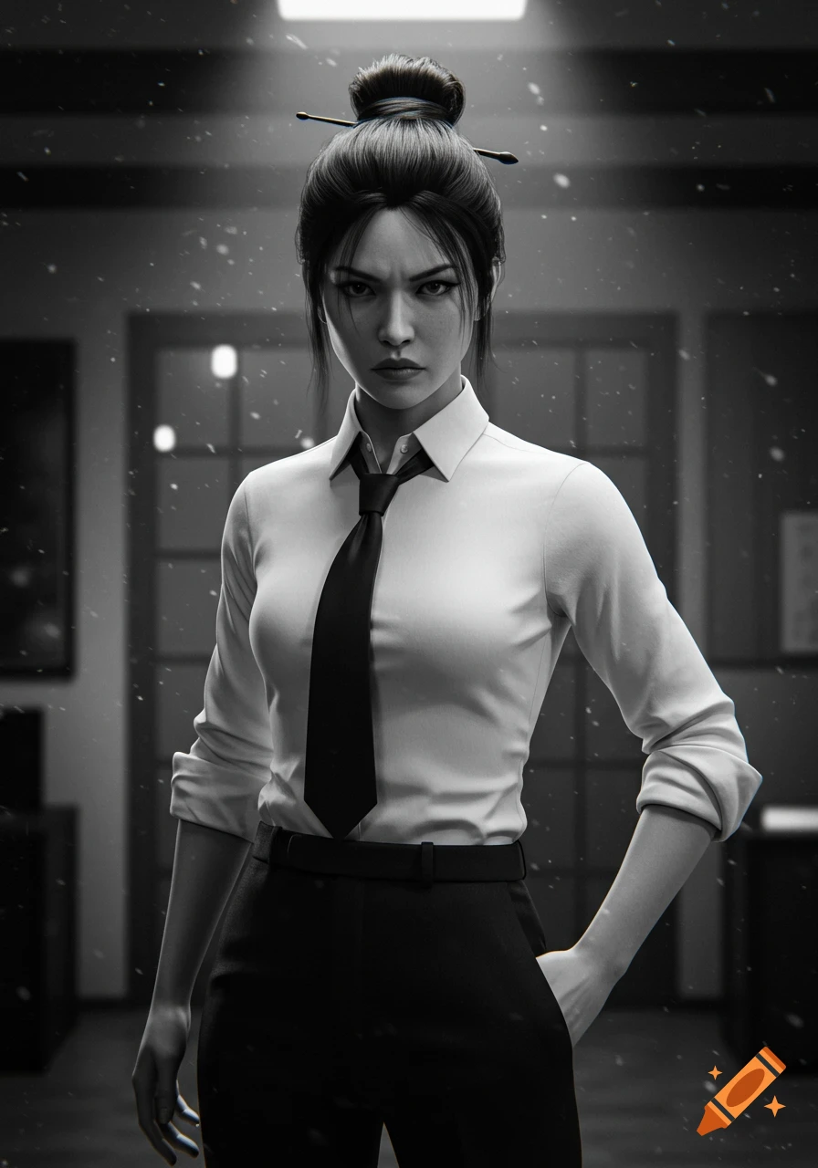 Black and white portrait of a stern Japanese woman in a white shirt, black tie, and pants, with hair tied up.