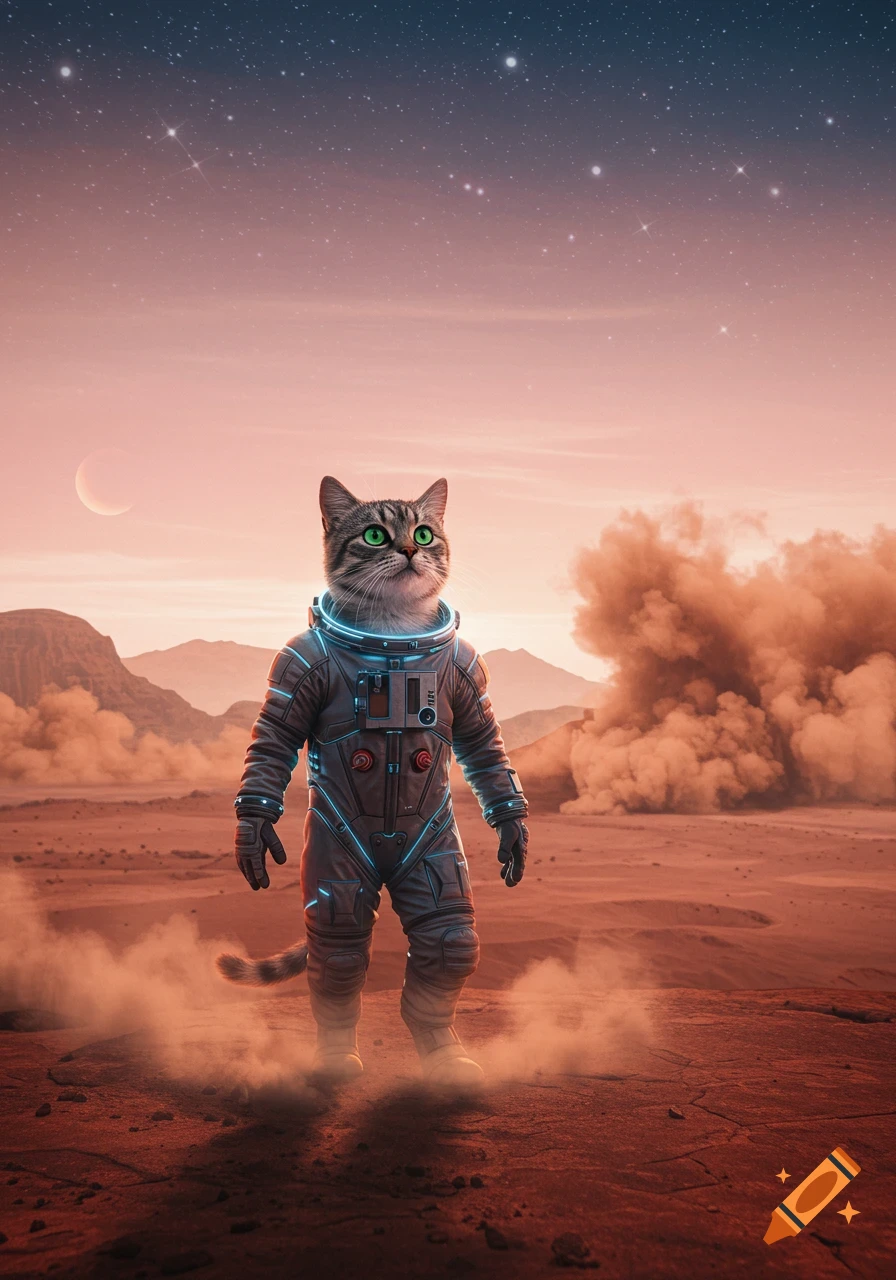 A photorealistic cat astronaut stands on a dusty, red Mars-like planet under a starry sky with a crescent moon.