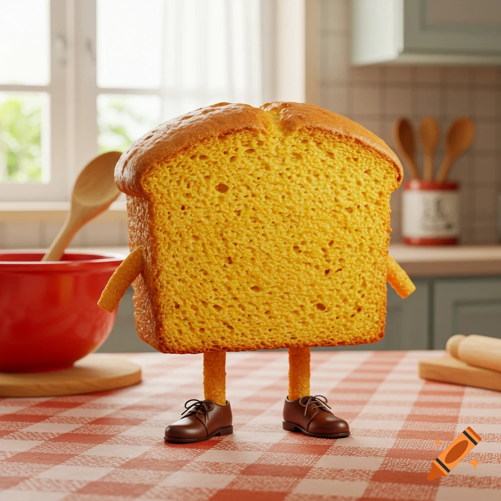 A photorealistic slice of cornbread with small legs and brown shoes stands on a red and white checkered tablecloth in a kitchen.