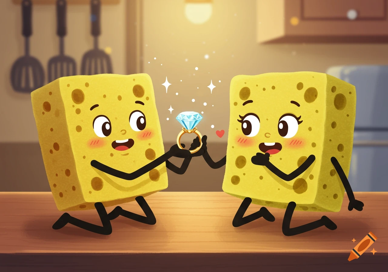 Cute cartoon sponges on a kitchen counter, one proposing with a diamond ring to the other.