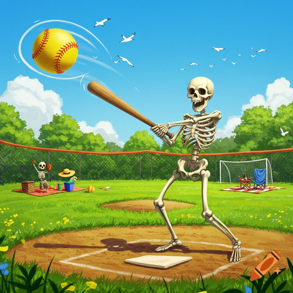 Cartoon illustration of a skeleton swinging a bat at a softball on a sunny baseball field, with another skeleton in the background.