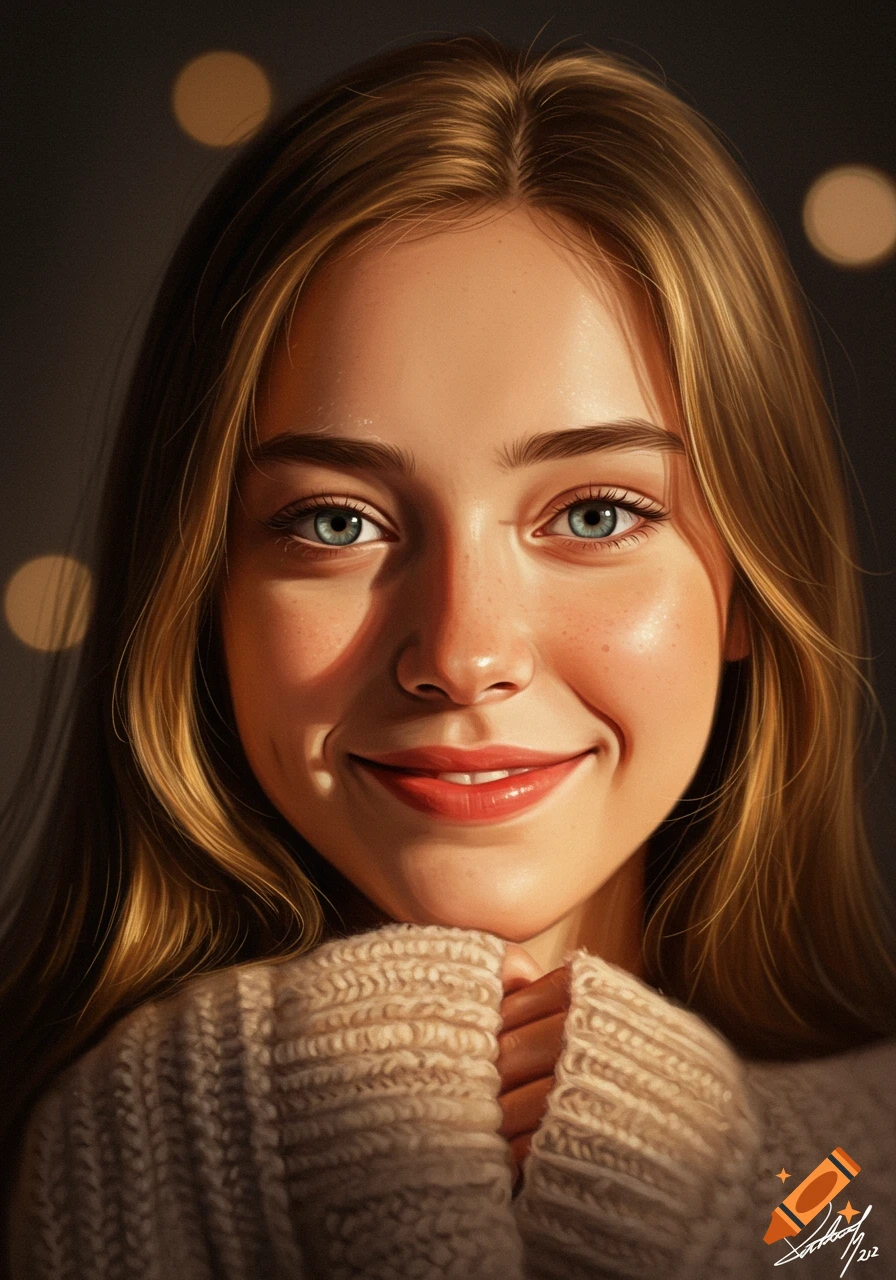 Close-up photorealistic portrait of a young woman with long blonde hair, blue eyes, and a sweet smile, wearing a cream sweater in warm light.