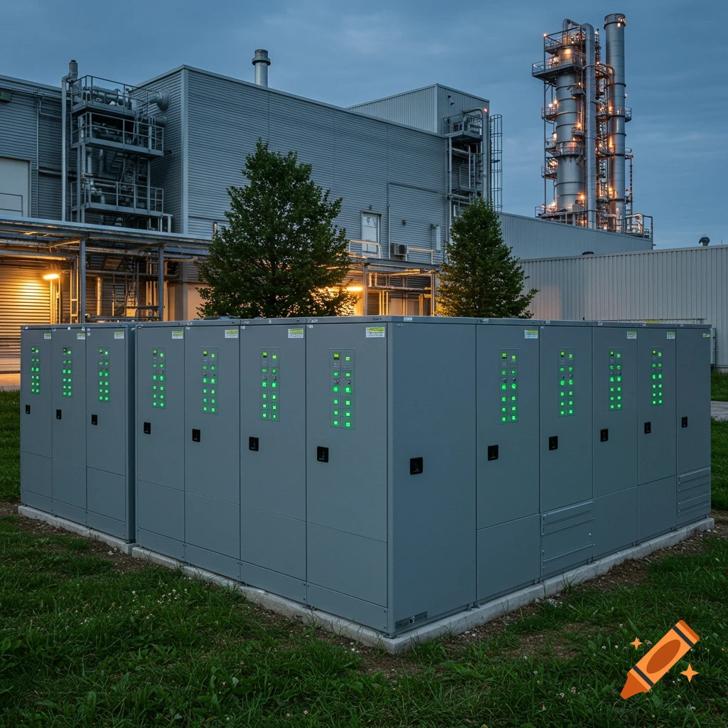 Modern industrial lithium-ion battery storage system with green LED indicators outside a factory at dusk.