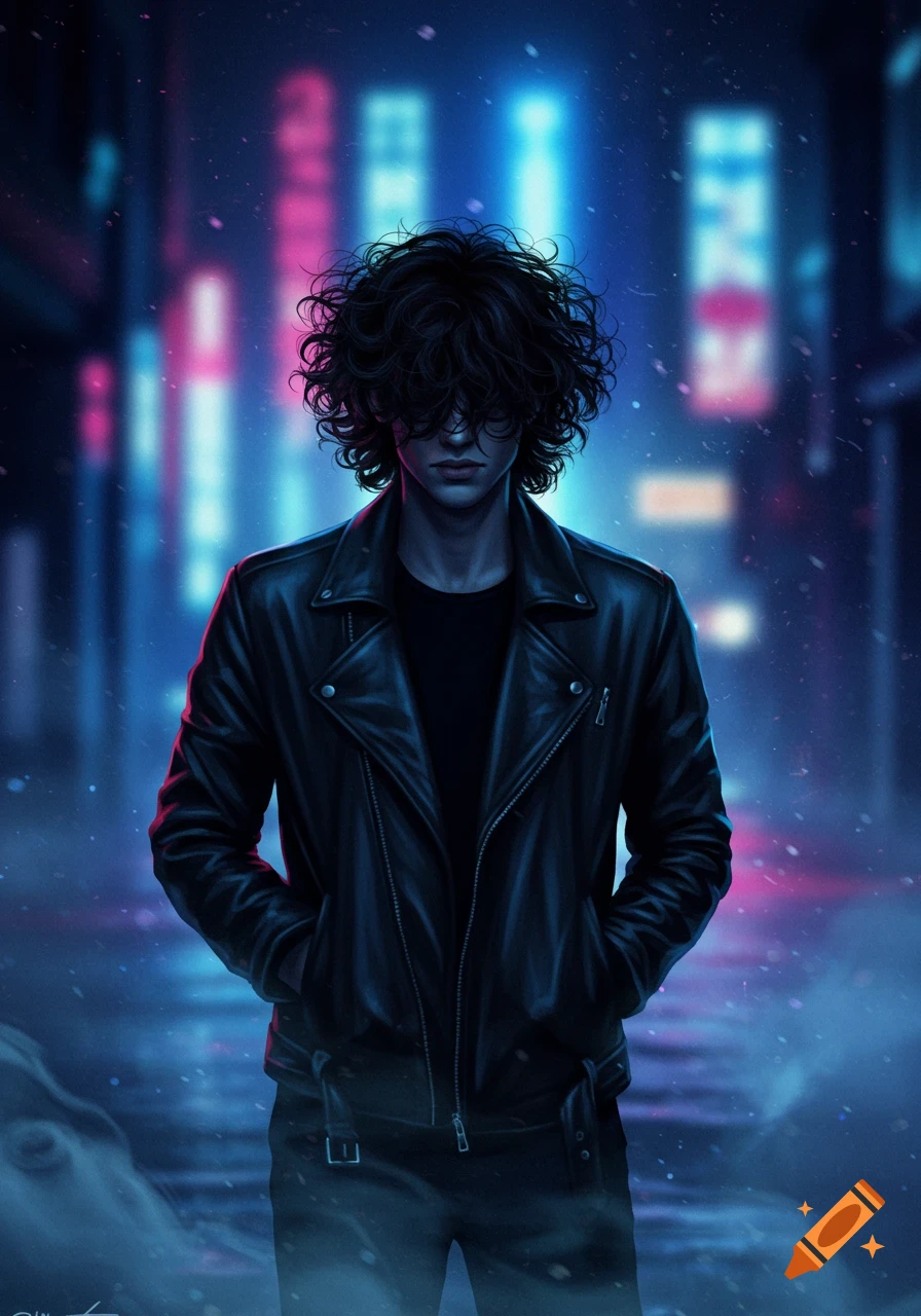 A moody digital art portrait of a guy with curly hair covering his eyes, standing on a neon-lit street at night.