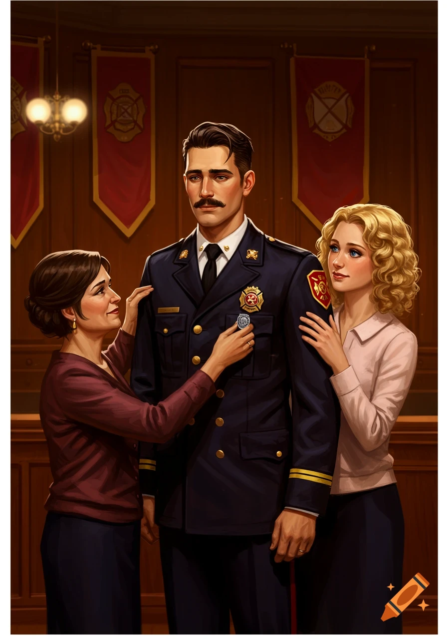 A man in a navy firefighter uniform stands between his mother and wife, who are pinning a badge on his chest.