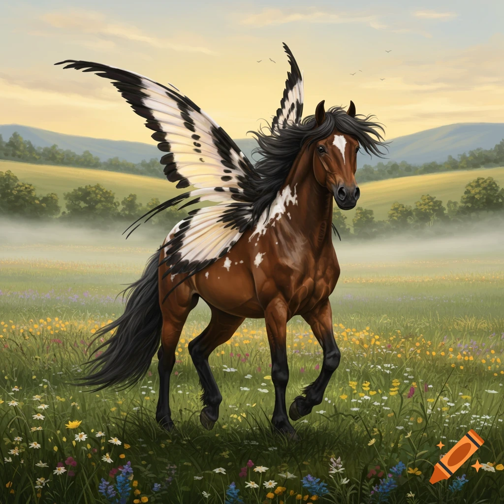 A brown and white winged horse with butterfly-like wings gallops through a sunny meadow filled with colorful wildflowers.