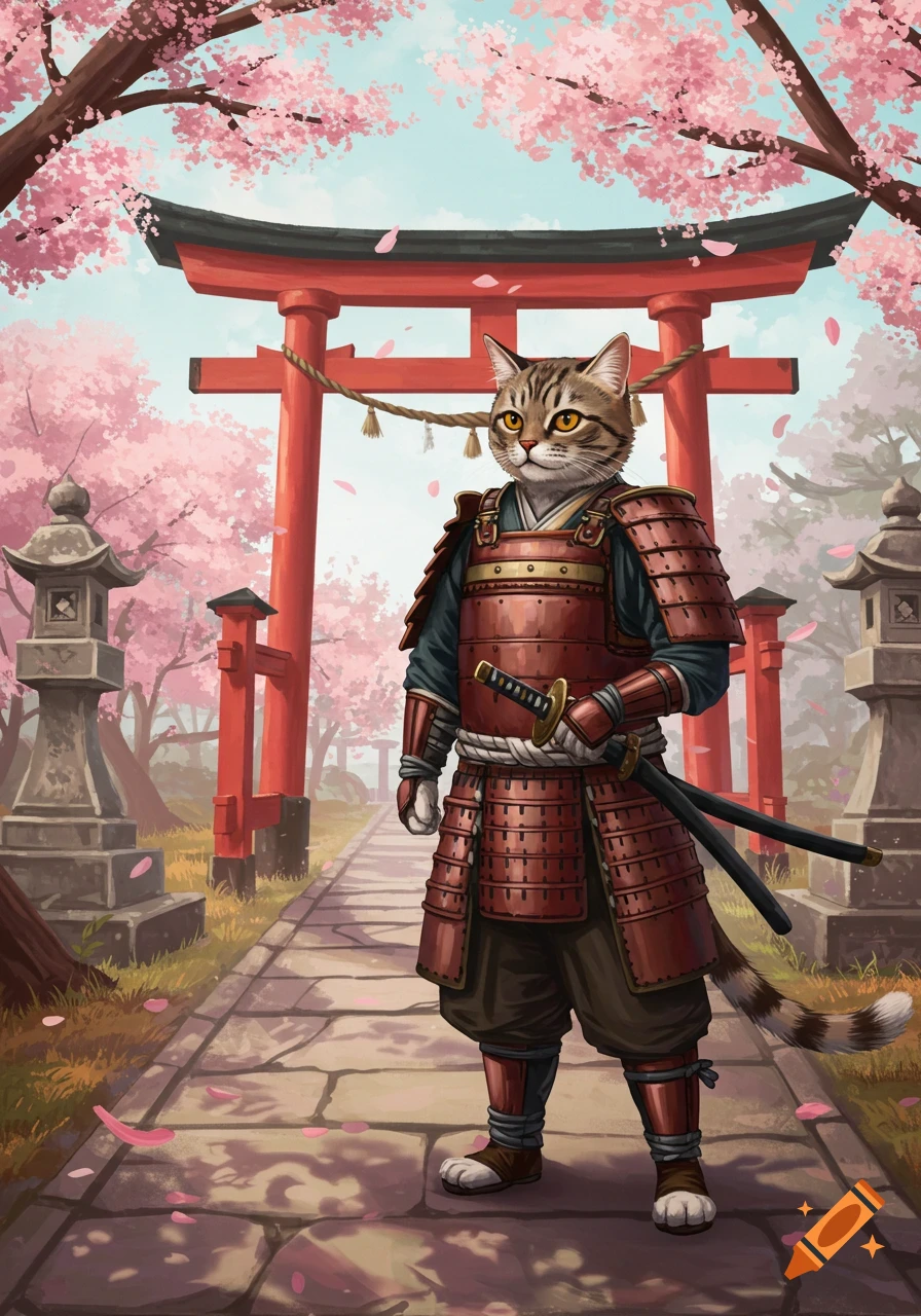 A proud tabby cat in red samurai armor stands on a path under pink cherry blossom trees, with red torii gates in a Japanese garden illustration.