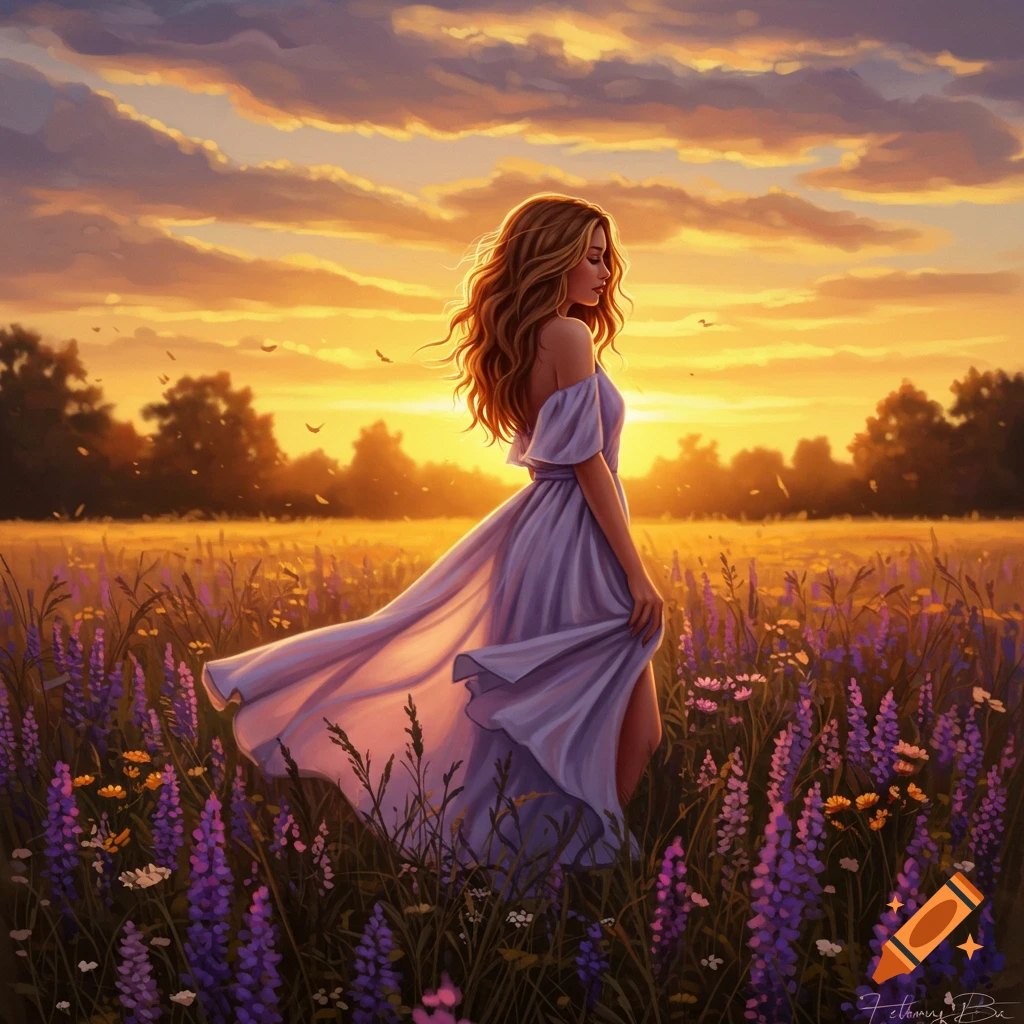 A woman in a flowing lilac dress stands in a field of purple flowers under a golden sunset in a painterly style.