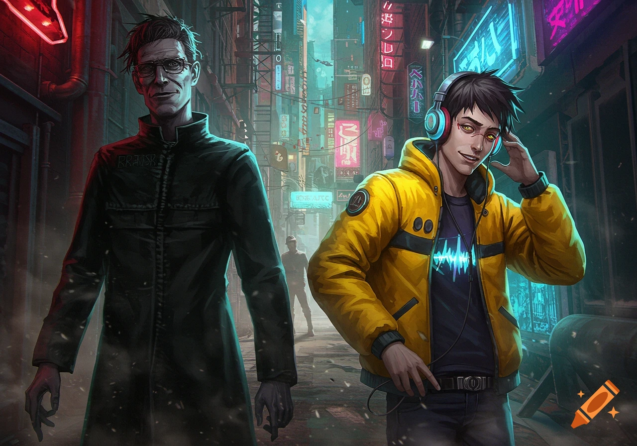 Two male characters in a neon-lit cyberpunk city street. One older man in a black coat, another younger man in a yellow jacket and headphones, both in an anime art style.