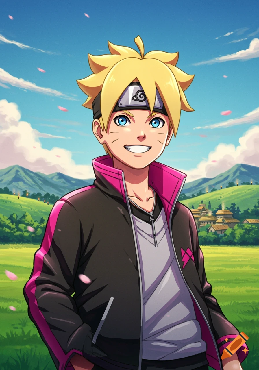 Anime boy Boruto smiles, wearing a black and pink jacket and Konoha headband, against a vibrant green field and blue sky.