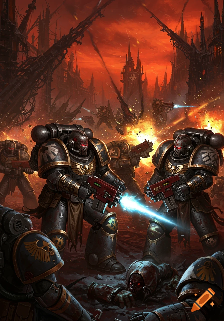 Grimdark sci-fi illustration of armored space marines battling in a fiery, ruined city with explosions and fallen foes.