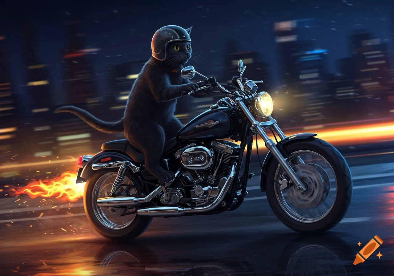 A black cat wearing a helmet rides a powerful motorcycle at night on a wet street, with city lights blurring in the background.