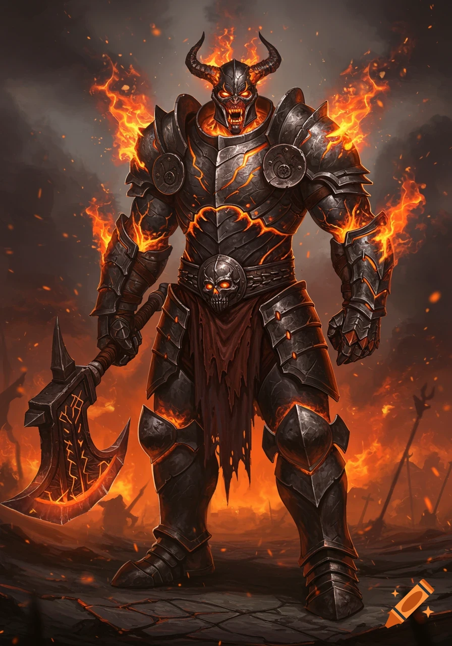 A towering, muscular, demonic barbarian in dark steel armor with glowing molten cracks and fiery eyes, wielding a runic greataxe in an intense, fiery fantasy setting.
