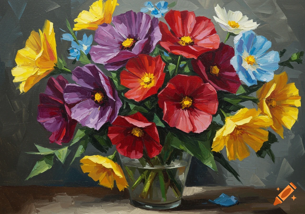 A vibrant impasto painting depicts a bouquet of red, purple, yellow, white, and blue flowers in a clear glass vase.