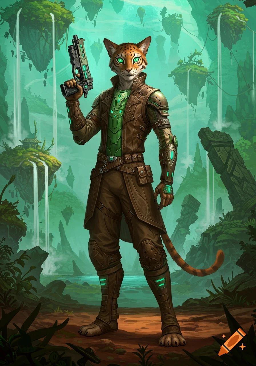 A cat-like humanoid in a sci-fi/fantasy outfit holds a pistol, standing in a lush landscape with floating islands and waterfalls.