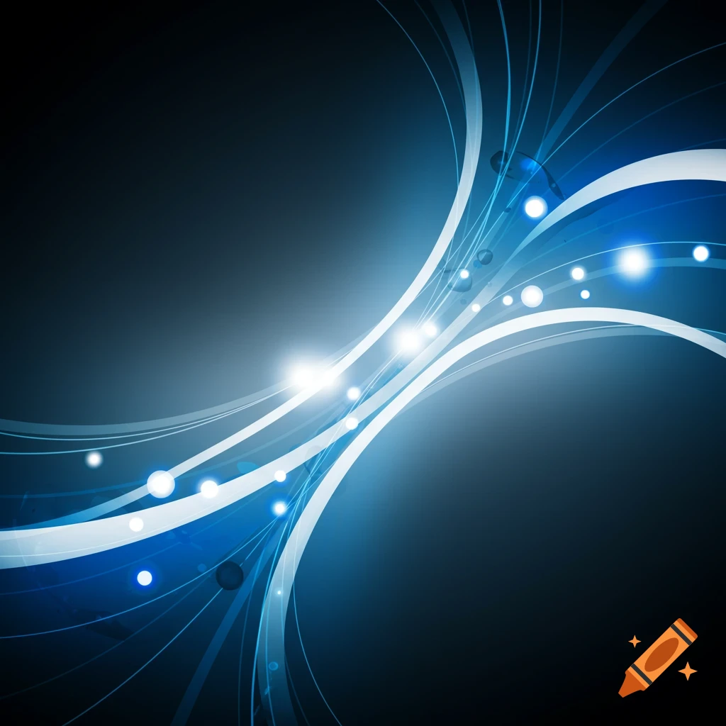 Abstract digital art with glowing blue and white wavy lines, light spheres, and flares on a dark background.