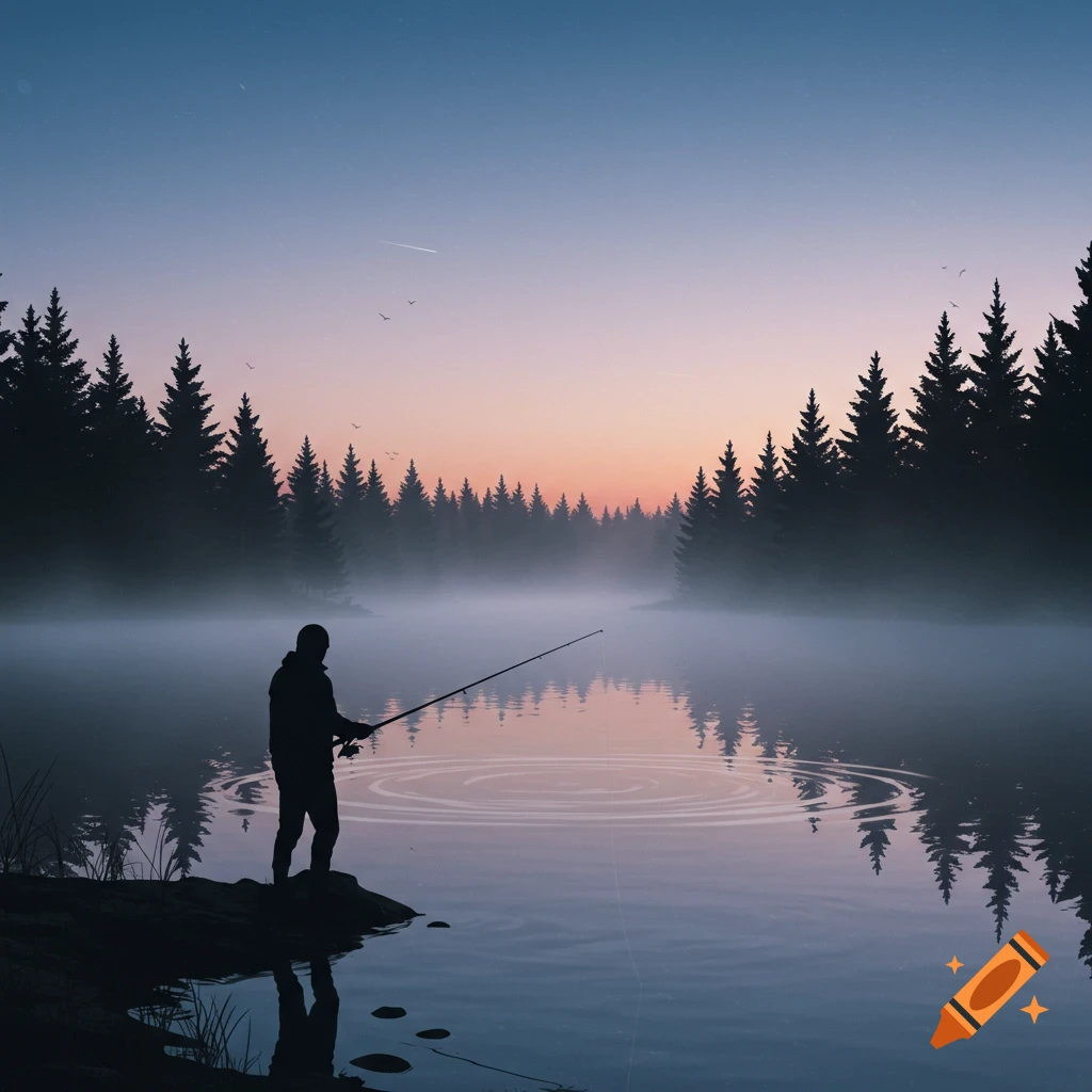 Silhouette of a person fishing in a serene, foggy lake at sunset, surrounded by pine trees, in an illustrative style.