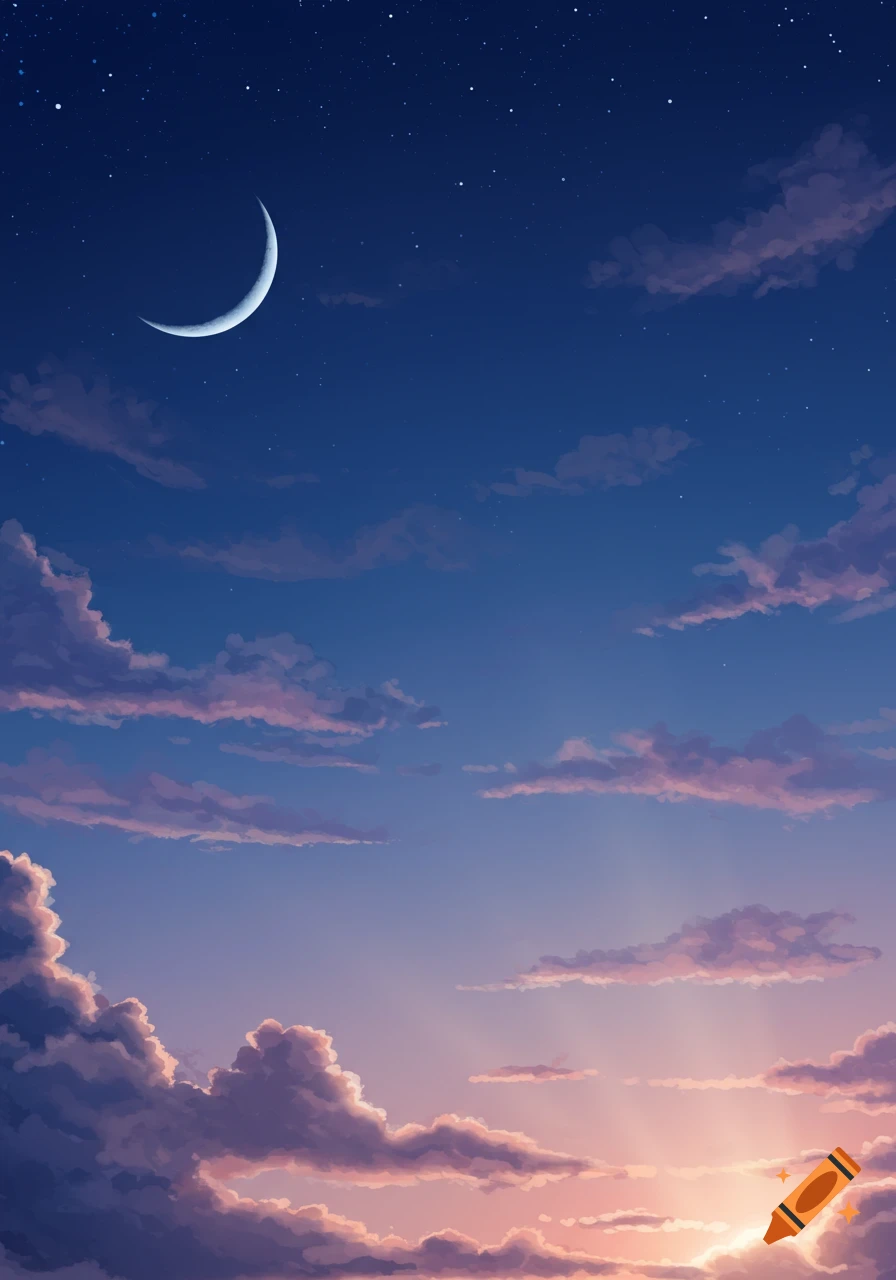 Crescent moon and stars in a dark blue sky above pink-orange illuminated clouds at sunset or sunrise in an anime style.