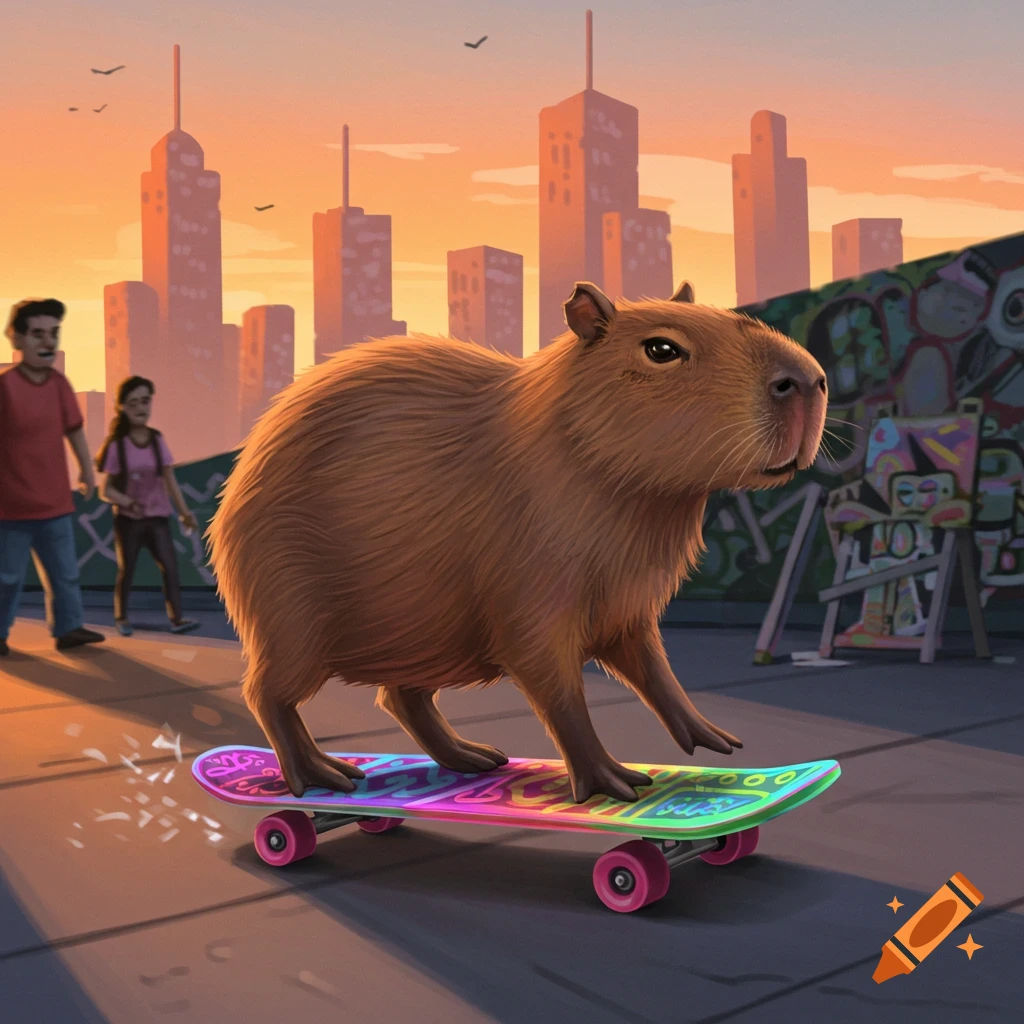 A capybara rides a colorful skateboard on a city street at sunset, with people and buildings in the background.
