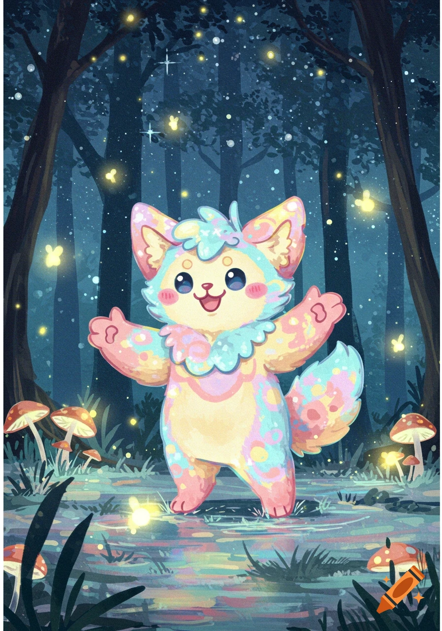 Cute, pastel, fluffy creature with big eyes and a happy expression in a magical forest with glowing mushrooms and fireflies, digital illustration.