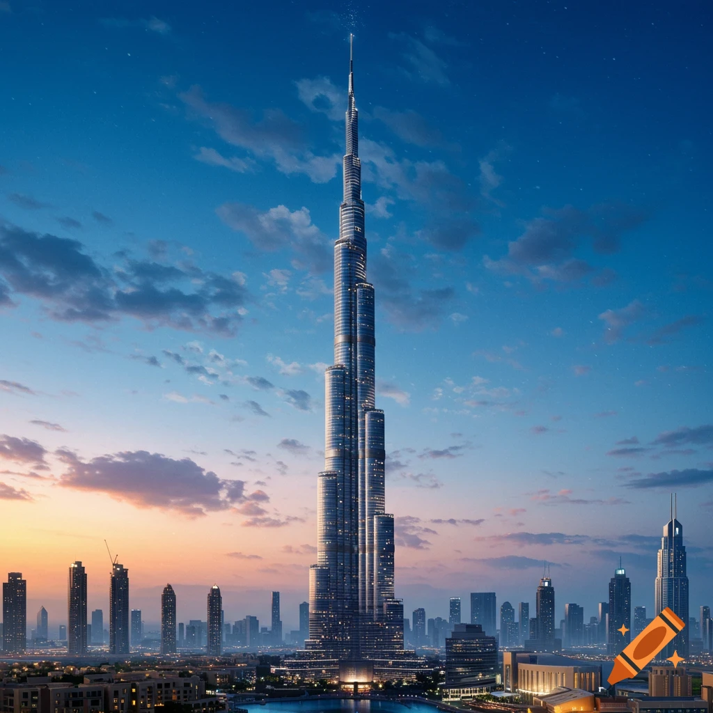 Photorealistic image of the iconic Burj Khalifa skyscraper dominating a vibrant cityscape at dusk with a blue and orange sky.