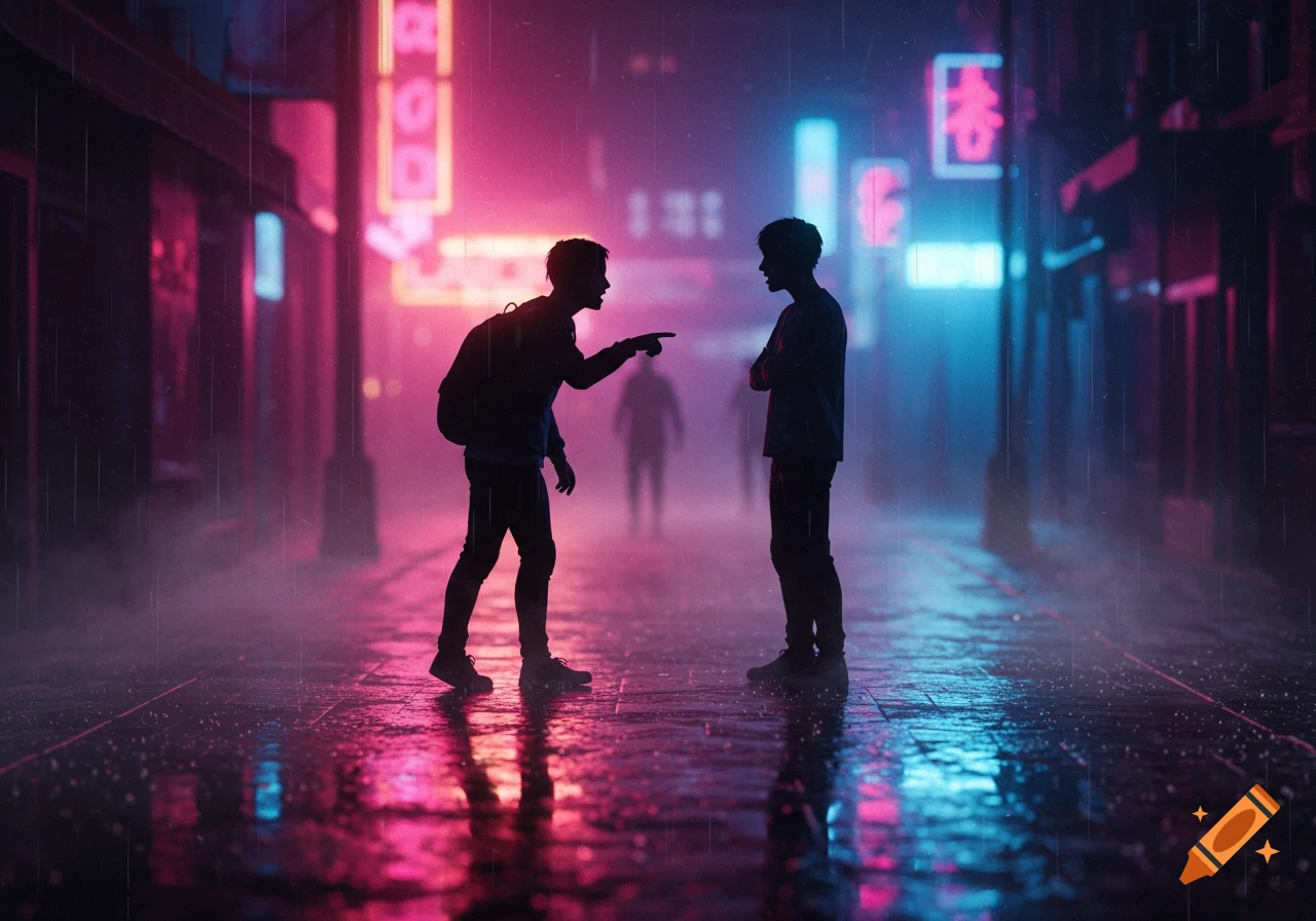 Two silhouetted men argue on a rainy, neon-lit cyberpunk city street with vibrant pink and blue reflections.