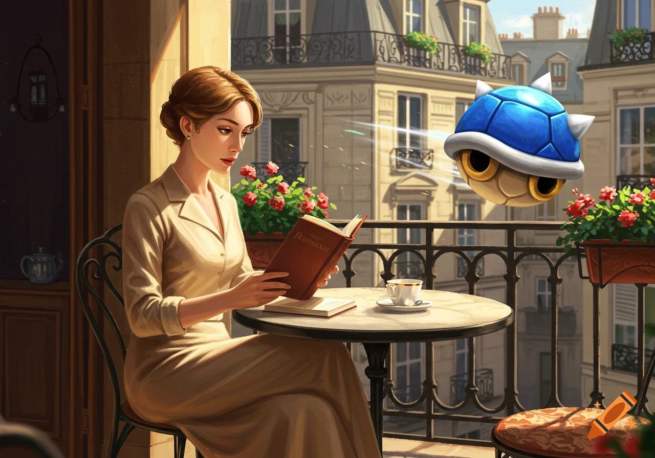 A woman reads a book on a Parisian balcony, with a flying blue Mario Kart shell in the background, illustration.