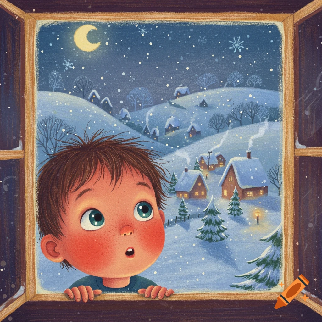 A wide-eyed child looks out a wooden window at a snowy village landscape with lit houses, falling snow, and a crescent moon, in a children's book illustration style.