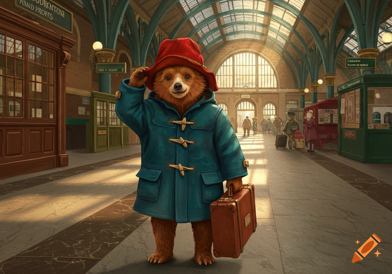 An anthropomorphic bear in a red hat and blue duffle coat, holding a suitcase, salutes in a grand train station.