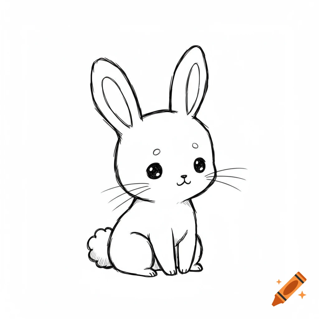 A simple, cute black and white line drawing of a bunny with large ears looking forward.
