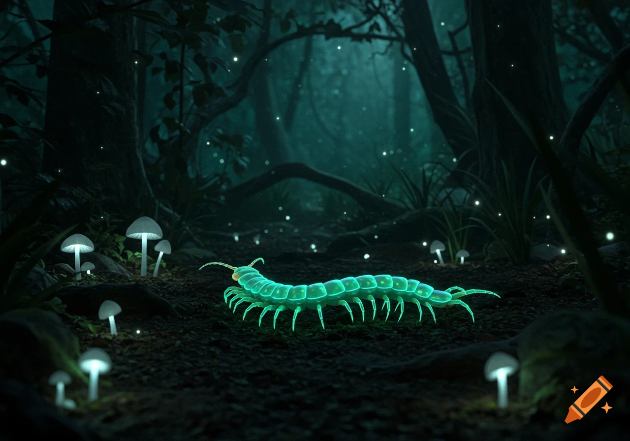 A vibrant, glowing green centipede crawls through a dark, mystical forest with glowing mushrooms and fireflies.