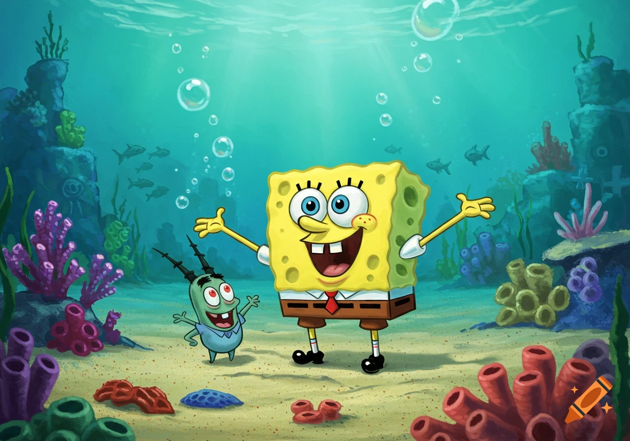 Cartoon Spongebob and Plankton stand smiling on the sandy ocean floor with colorful coral, fish, and bubbles.