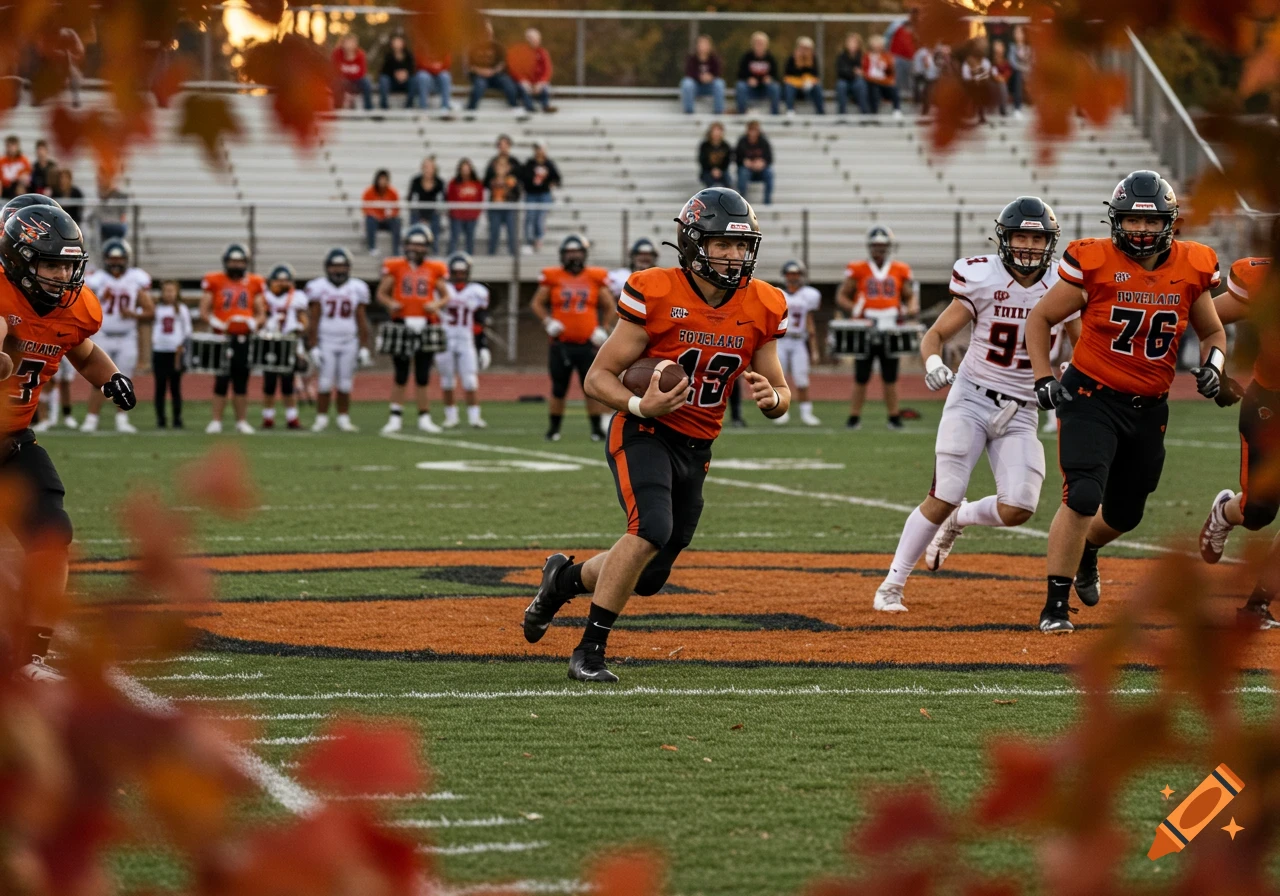 A photorealistic image of a high school football player running with the ball on a green field during a game.