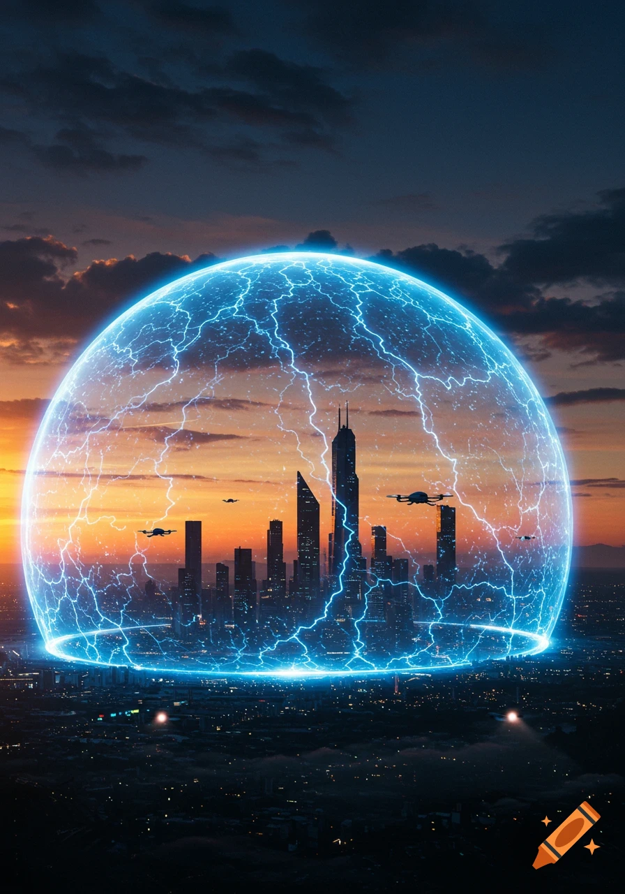 Photorealistic image of a futuristic city skyline enclosed by a glowing blue force field, with drones flying at sunset.