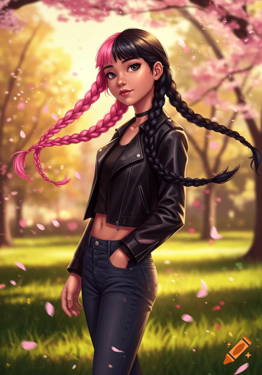 Stylized digital art of a girl with half pink, half black braided hair, wearing a black leather jacket and jeans, standing in a park with falling pink cherry blossom petals.