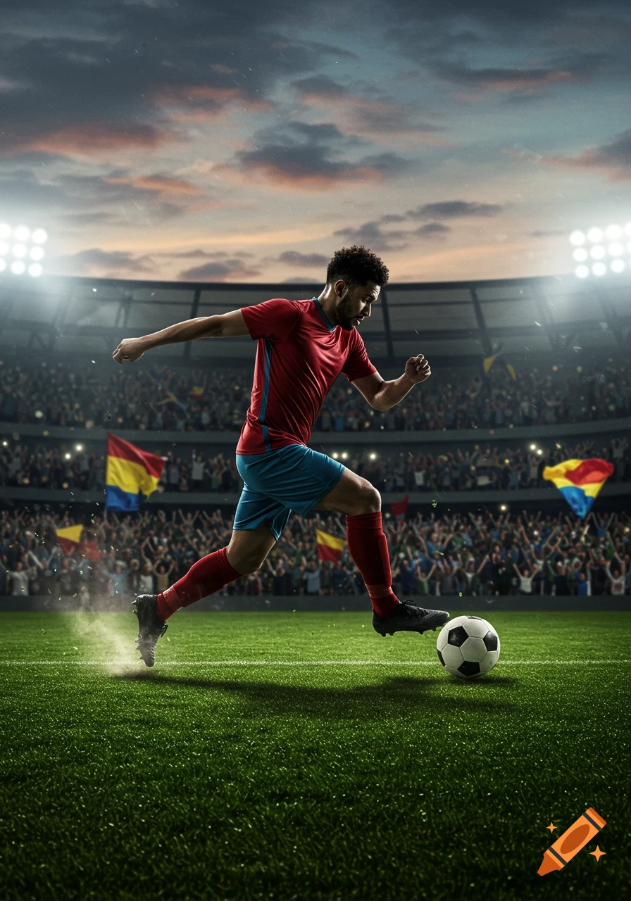 A male soccer player in a red jersey and blue shorts kicks a soccer ball on a green field in a stadium at sunset.