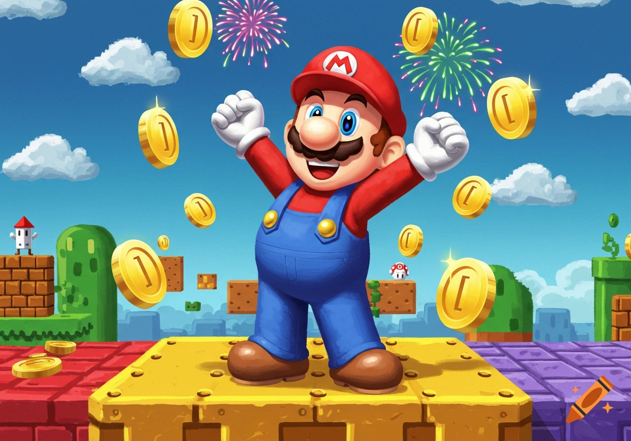Mario celebrates with raised fists amidst falling coins and fireworks in a vibrant Super Mario game level.