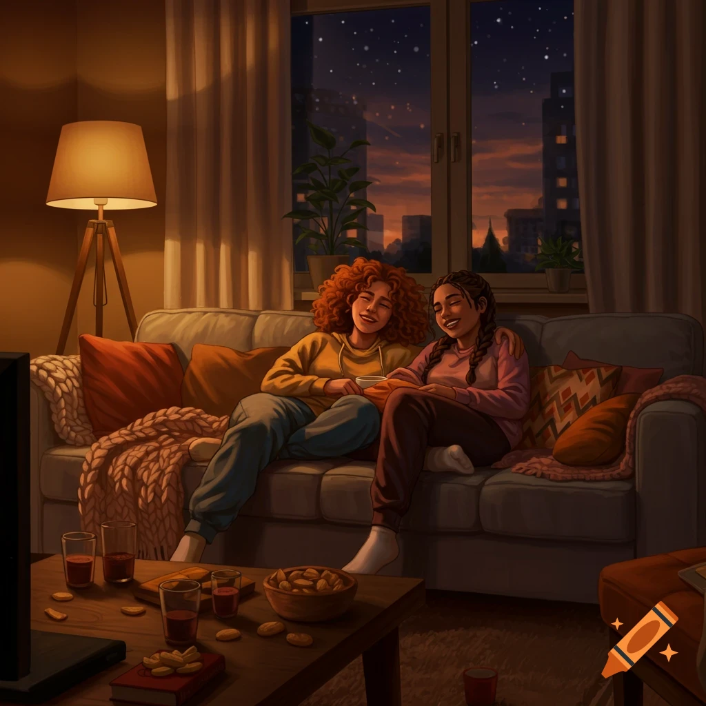 Illustrated scene of two women, best friends, laughing on a couch while watching TV at night with snacks on the coffee table.