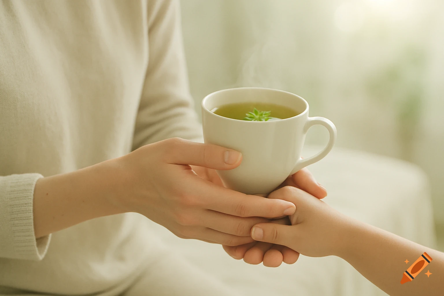 Adult hands offering a steaming cup of green tea with a mint sprig to child's hands in a soft, bright, photorealistic shot.