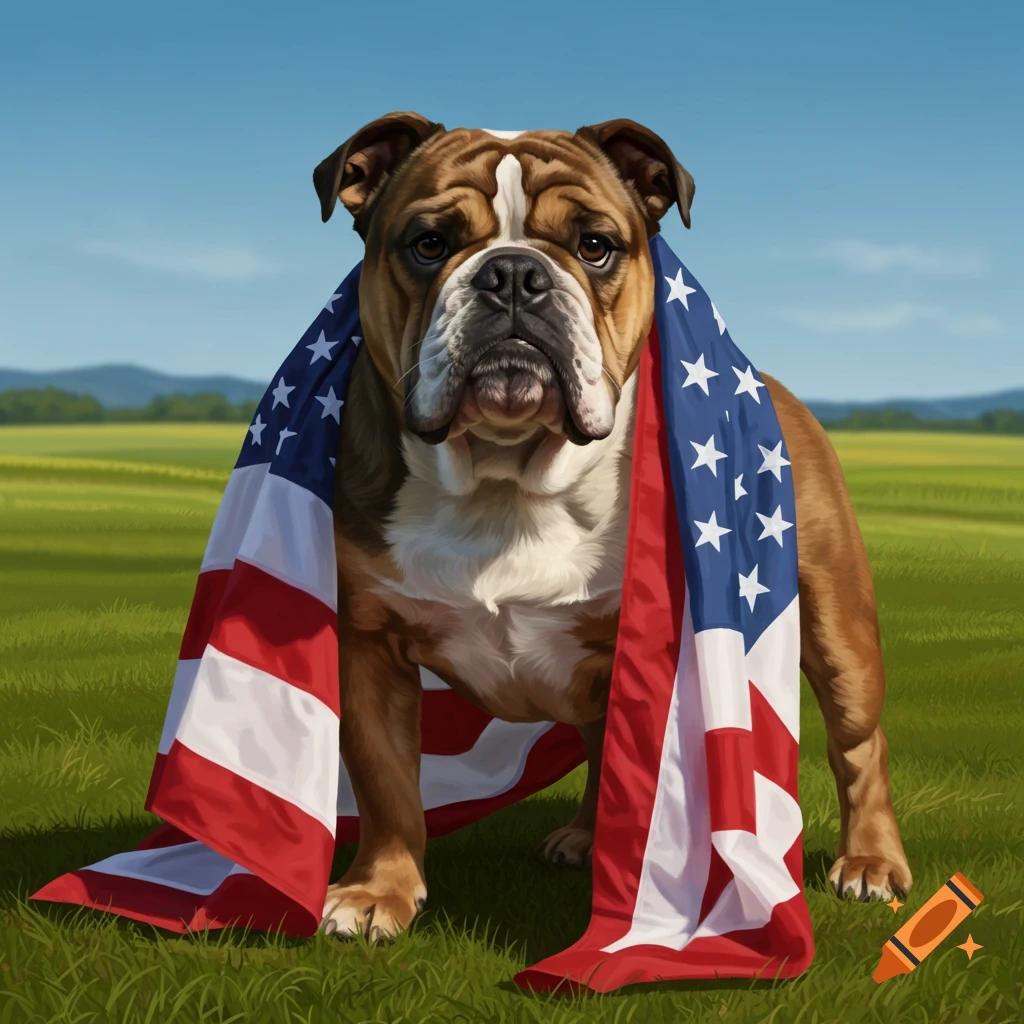 A photorealistic bulldog stands in a grassy field, draped in an American flag, under a blue sky.